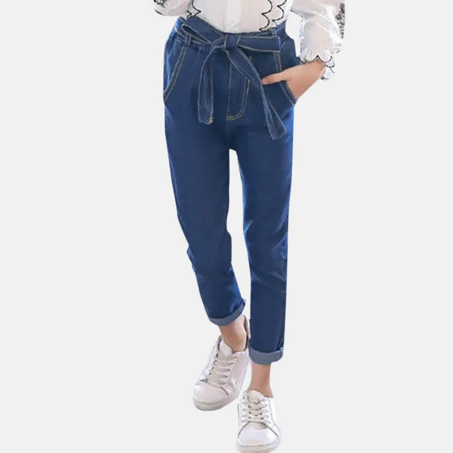 Jeans For Girls Solid Children's Girl High Waist Kids With Bow Belt Autumn Casual Clothes 6 8 10 12 14 | Мать и ребенок