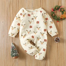 

Newborn Baby Christmas Elk Gift Print Jumpsuit Infant Toddler Boy Girl Cute Long Sleeve Cartoon Soft Cotton Romper Spring Fall