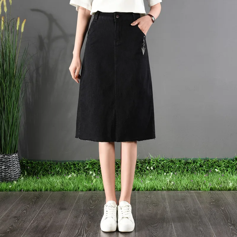 mid length black denim skirt
