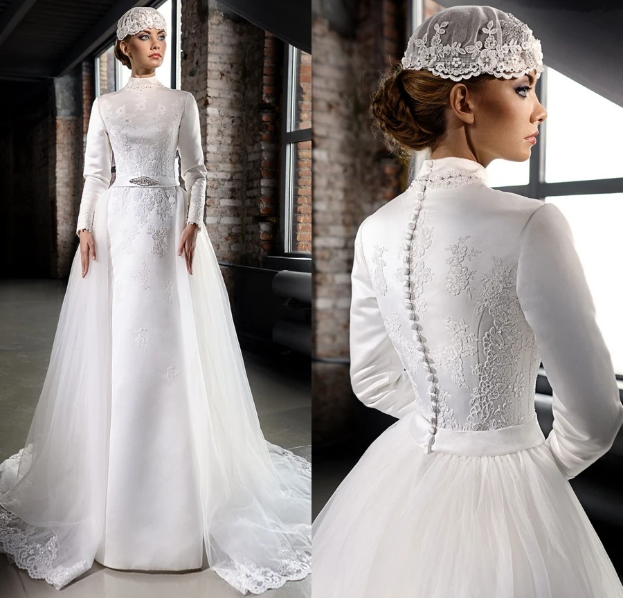 

vestido de noiva Elegant High Neck Detachable Train Muslim bridal gown Long Sleeve robe de mariage mother of the bride dresses