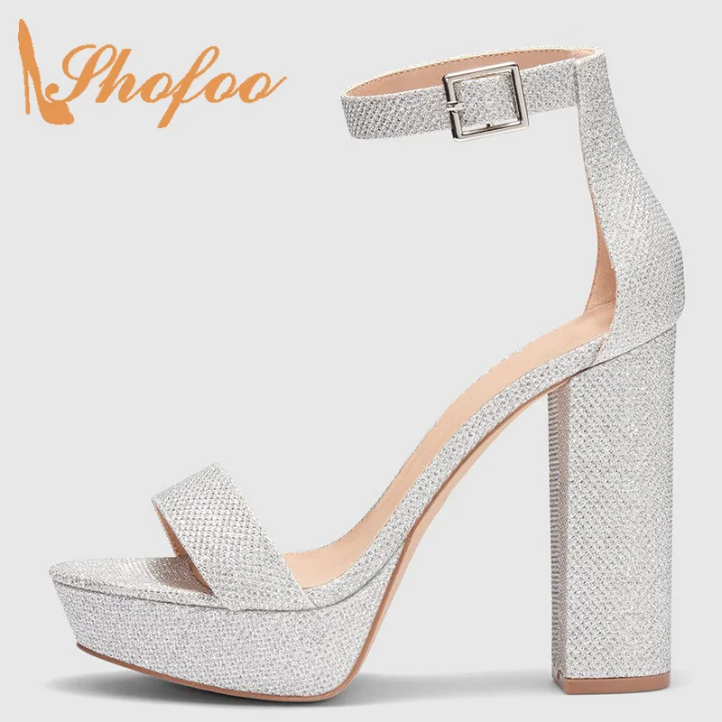 

Shofoo Silver Sequin Cloth Ankle Wrap Platform Sandals Woman High Chunky Heels Buckle Strap Big Size 13 16 Ladies Fashion Shoes