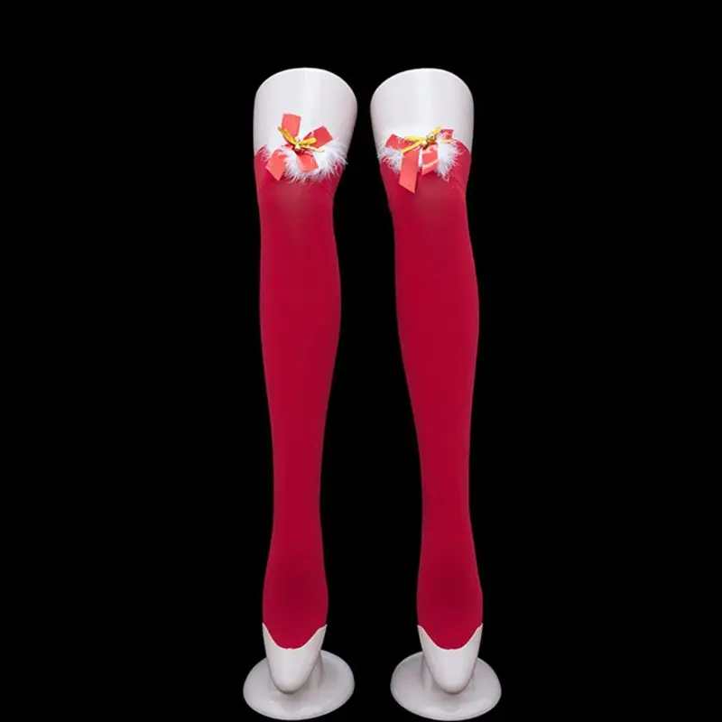 Women Christmas Sexy Thigh High Stockings with Bowknot Bell Cosplay Costume