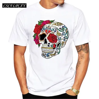 

Fashion Heart break Sugar Skull Design Men T-Shirt Short Sleeve Casual Tops Hipster Flower Skull Printed T Shirts Funny Cool Tee