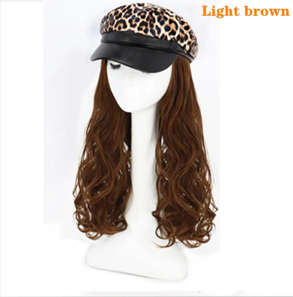 light brown Прямая поставка, модный дизайн, женские леопардовые темно-синие Шапки, длинные волнистые волосы, парик, шапка, коричневый, черный, натуральные парики для женщин, девушек, Солнцезащитная шляпа - Цвет: light brown