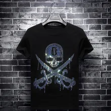 С синими стразами пиратский череп футболки мужские короткий рукав мода уличная о-образный вырез Модальная хлопковая одежда Calaveras Camiseta