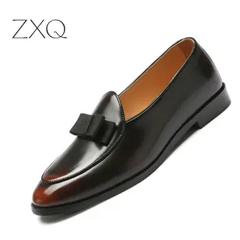 

Plus Size Men Fashion Slip On Loafers Casual Pointed Toe Retro Flats Party Dress Shoes Mens Bow-Knot Wedding Shoes