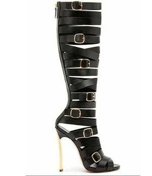 

Woman Golden Buckle Straps Metal Heels Sandals Boots Ladies Cutout Summer Knee Boots Metal High Heel Peep toe Gladiator Boots