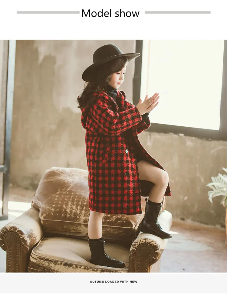 Осенне-зимние модели для девочек; плотное пальто в клетку; Иностранная Корейская версия; теплая шерстяная ветровка с капюшоном