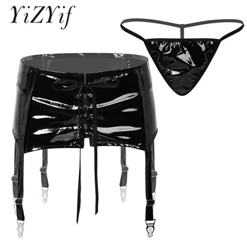

Women Lingerie garter belt Wet Look PVC Leather Lace-up Garter Belt with 6 Adjustable Straps Metal Clips and G-string Briefs