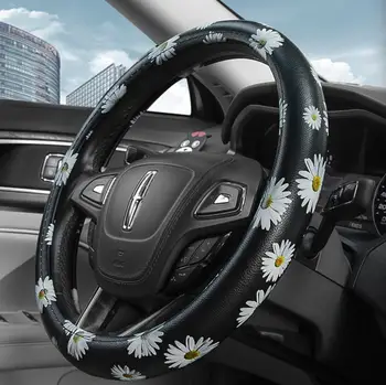 

PU Leather Daisy Printed Car Steering Wheel Cover Four Seasons Auto Car Interior Accessories For Women Girls