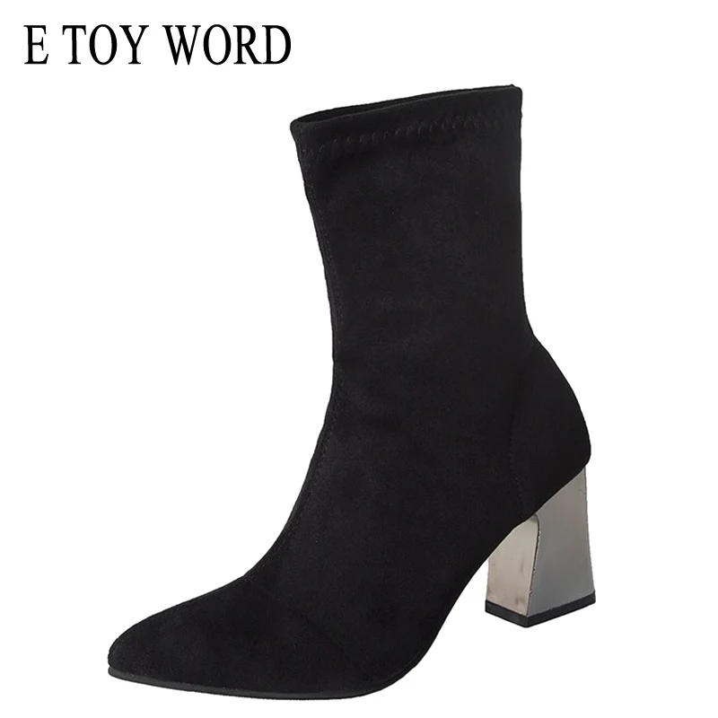 

E TOY WORD Women Black Ankle Sock Boots 2019 Fashion Spring Autumn Stretch Boots Chunky high Heels pointed toe women shoes