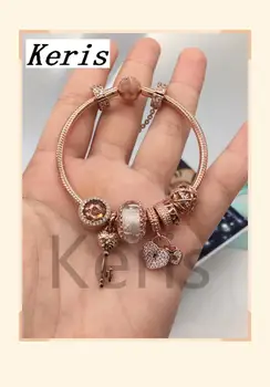 

High Quality Copy 1:1 100%925 Pure Silver New 2019 Rose Gold Heart Dependent Key Pendant Chain Bracelet Free Of Charge