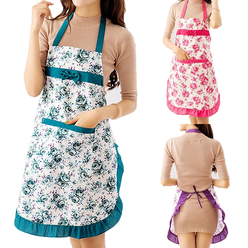 Women Lady Floral Cloth Apron For Restaurant Home Kitchen Cooking BBQ With Pocket Waist Bib Women Apron