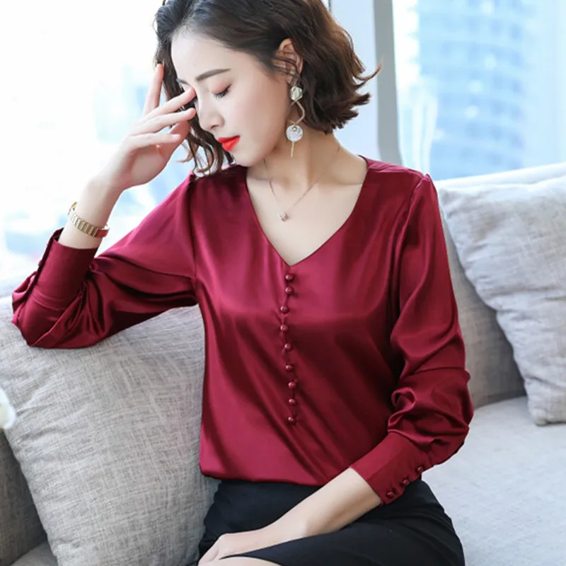 Женские топы и блузки Весенняя Повседневная шелковая блузка свободные рубашки с