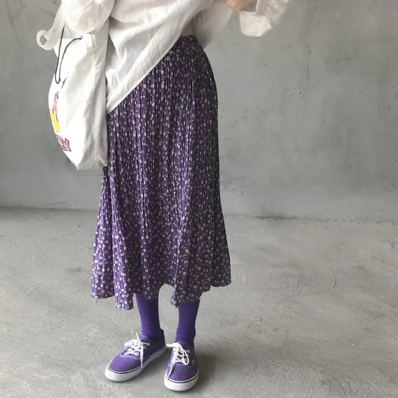 Романтичная фиолетовая юбка с эластичной резинкой на талии и цветочным принтом; сезон весна-осень; Длинная юбка; плиссированная юбка; Longue Falda Larga Gonne goning Saia