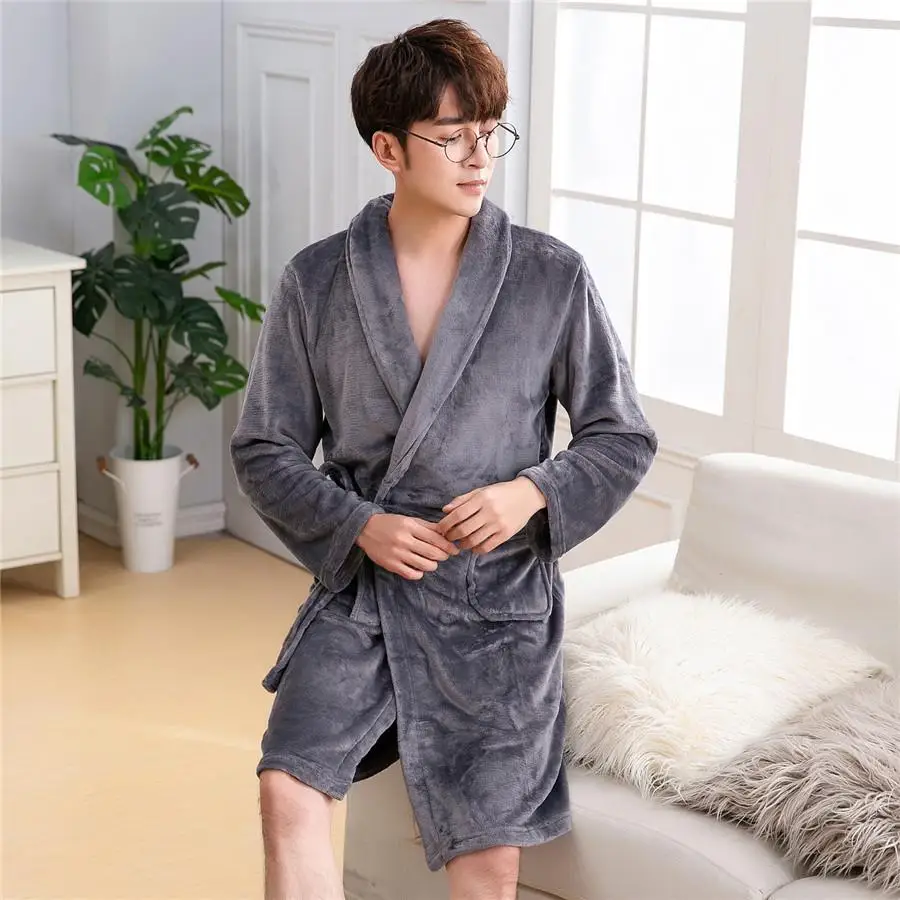 Теплый длинный коралл, овечья шерсть, халат для ванной мужское кимоно платье с поясом и карманами интимное нижнее белье Неглиже большой размер 3XL домашний халат - Цвет: Gray1 B