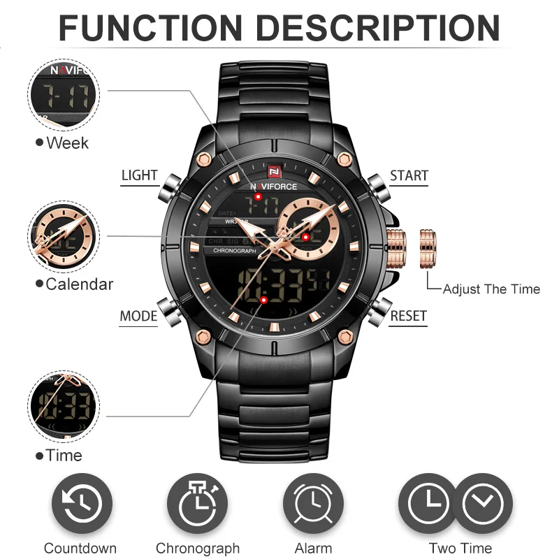 Часы наручные NAVIFORCE мужские с двойным дисплеем брендовые модные роскошные