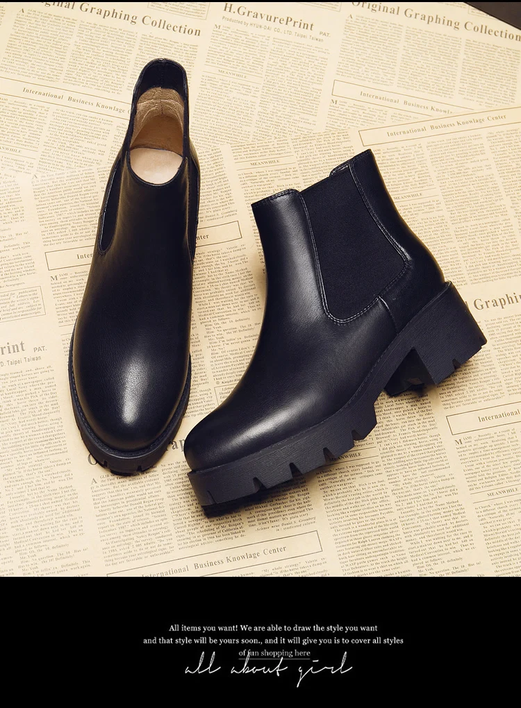 Женские повседневные ботинки «Челси» на толстом каблуке; черные ботинки из коровьей кожи; сезон осень-зима; ботинки на платформе с круглым носком; botas zapatos mujer