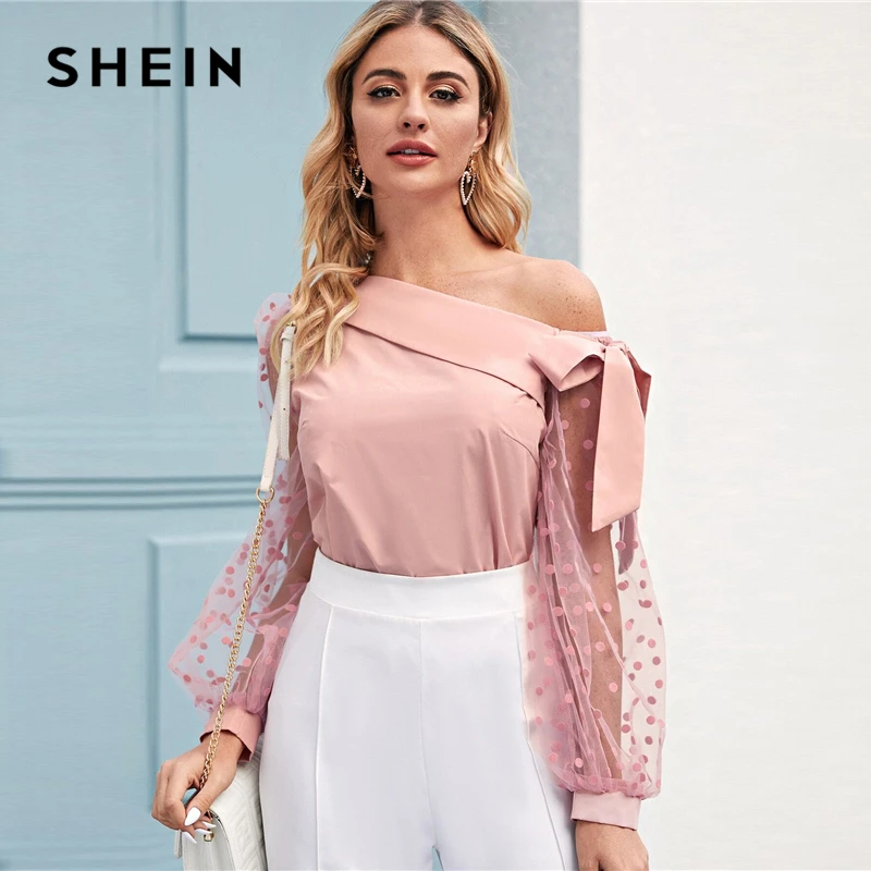 Koop SHEIN Knoop Asymmetrische Fold Hals Dot Lantaarn Mesh Mouw Blouse Vrouwen Lente Zomer Sheer Glamorous Party Blouses