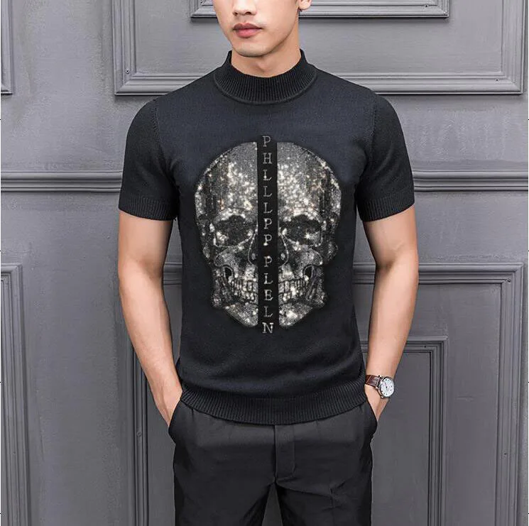 Suéter de talla grande para hombre, suéter de diamantes de imitación, Calavera, S-2XL, top de invierno, cuello redondo, suéteres en forma de alta calidad