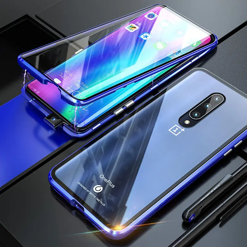 Blue Роскошный Магнитный бампер, чехол для Oneplus 7 Pro, чехол для телефона 360, металлический армированный стеклянный чехол для задней панели Oneplus7, чехол для Oneplus 7, 7Pro - Цвет: Blue