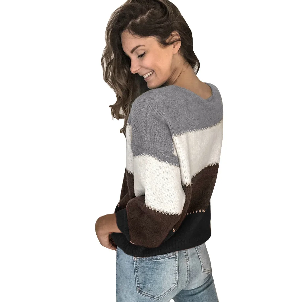 Duzeala Лоскутные цветные вязаные пуловеры, топы, зимние модные повседневные свободные свитера с длинным рукавом и круглым вырезом для женщин, Прямая поставка