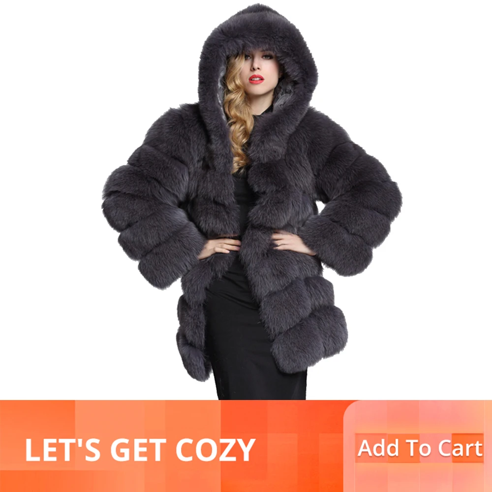

2019 Winter Thick Warm Faux Fox Fur Coat with Gooded Women Casual Artificial Fur Jacket Outerwear LJLS095