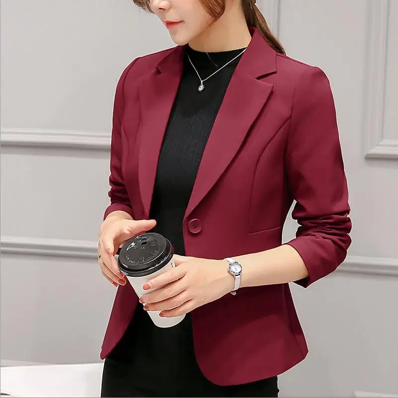 Wine red Women's Blazer Pink Long Sleeve Blazers Solid One Button Coat Slim Office Lady Jacket Female Tops Suit Blazer Femme Jackets - Цвет: Wine red