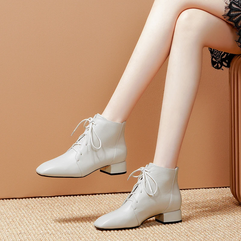 Office Ladies Genuine Leather Low Heels Ankle Boots Quality Autumn Winter Lace-up Boots Women Elegant Party Shoes Woman