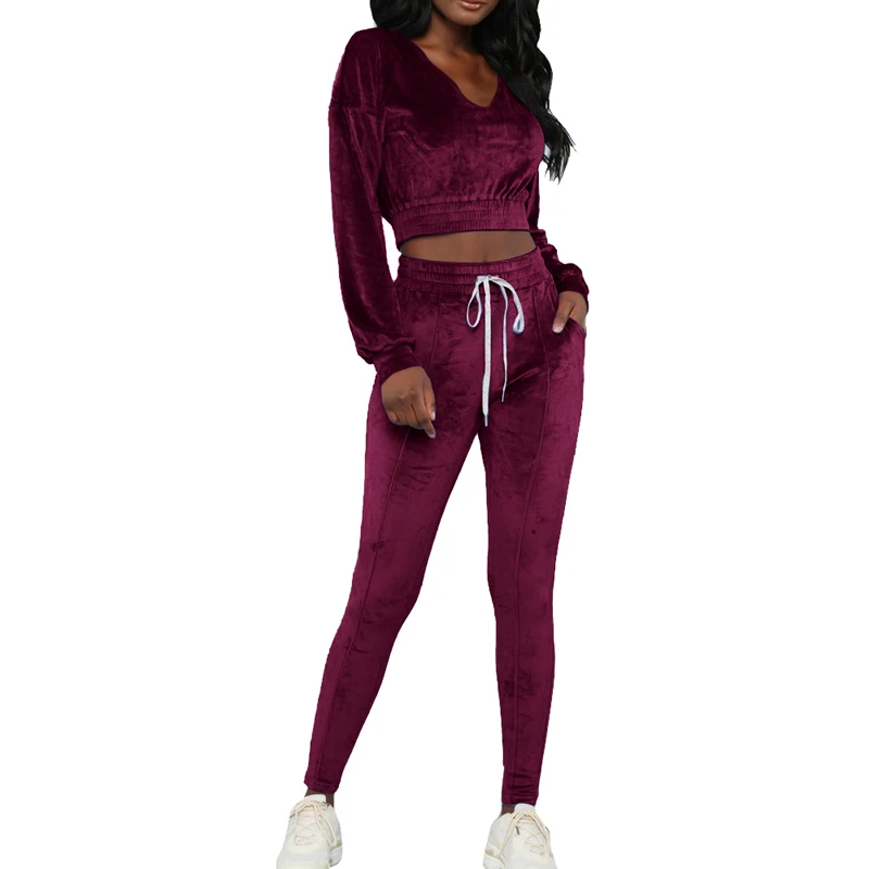 Wine Red SHUJIN, Осенний Женский комплект, блестящий бархат, 2 шт., спортивный костюм, комплект с длинными рукавами, укороченные топы и шнурки, спортивные штаны, Женский комплект для фитнеса - Цвет: Wine Red