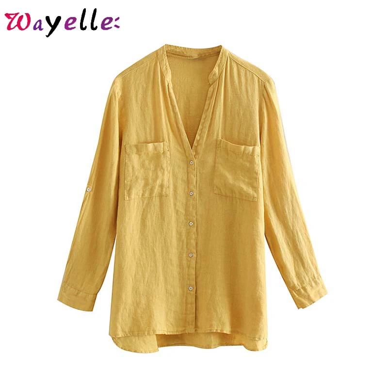 

Womens Blouses and Tops Elegant V Neck Long Sleeve Women Shirts Blusas Mujer De Moda 2019 Pockets Design Side Split Casual Tops