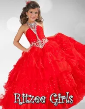 

2014 Halter Floor Length Red Ball Gown Tiered Rhinestones Kids Pageant Prom Dress