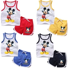 Летняя одежда для маленьких мальчиков с Микки Маусом жилет с рисунком и шорты Комплект детской одежды для маленьких девочек спортивные костюмы с динозаврами