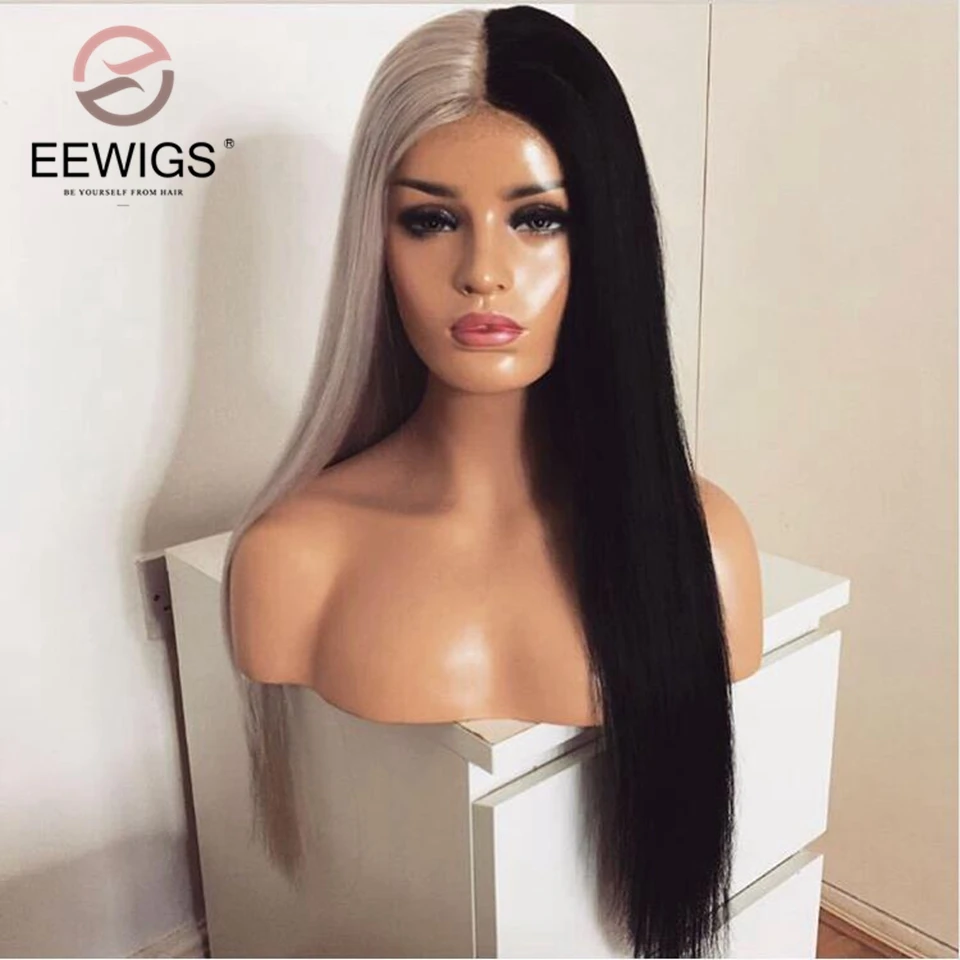 Парик для косплея EEWIGS Длинные прямые парики со светлыми кружевами спереди черные