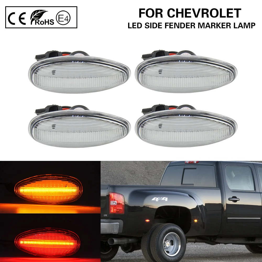 

4pcs Front+Rear LED side marker light Clear Lens Amber/Red US Version For Chevrolet Silverado GMC Sierra