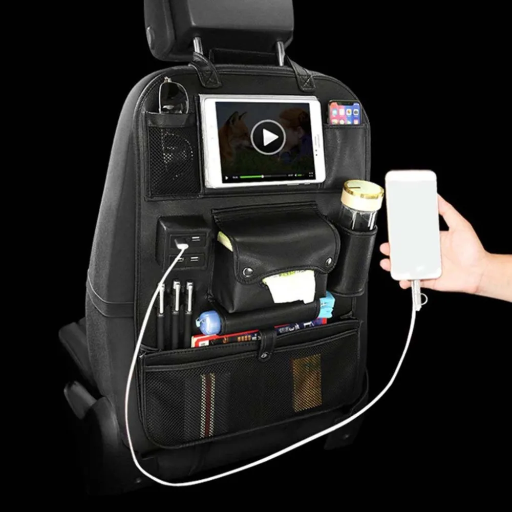 New PG-09 4 USB Car Seat Back Storage Bag Multifunction PU Leather Car Seat Back Bag USB Charger Phone Storage Organizer