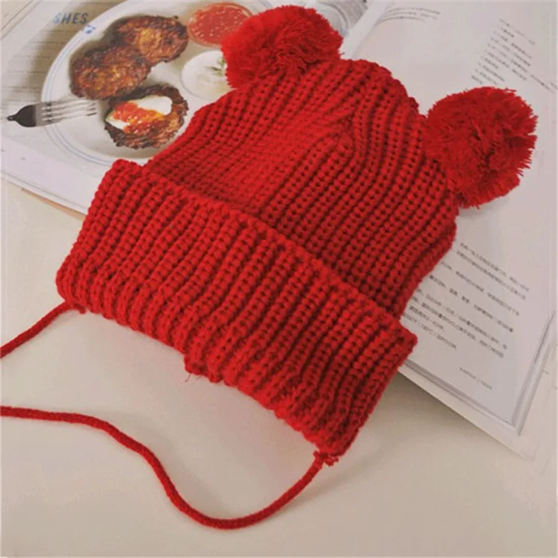Детская шапка для девочек и мальчиков, теплая зимняя Повседневная вязаная шерстяная шапочка, лыжная шапка с помпонами, детская шапка с милыми медвежьими ушками