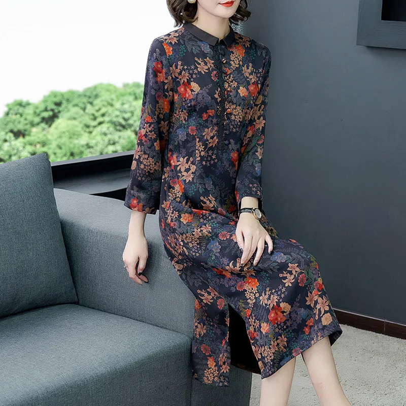 

Silk Dress Women's Mid-length Nobility Retro Stand Collar Middle-aged Kuotaitai Buttercup Silk sang can si qun Summer