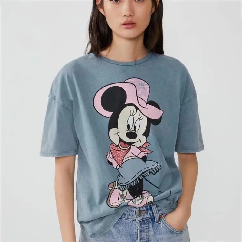 Harajuku футболки Минни женские шлепанцы с рисунком; короткий рукав с круглым вырезом Для женщин футболка Топы Minnie футболка для женская одежда футболки