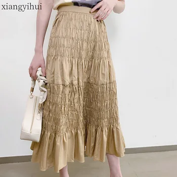 

Pleated New Design Women Long Black Skirt Female Summer Elastic Waist Chic White Skirts 2020 Fashion Women's High Waist Skirt