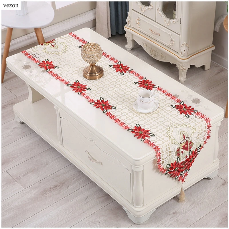 

2016 New Christmas Embroidery Red Table Runner Satin Embroidered Xmas Candle Tablecloth Cutwork Table Flag Towel Cloth Covers
