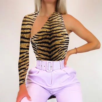 

Women Sexy One Shoulder Off Slim Fit Tiger Pattern Bodysuit Rompers Jumpsuits