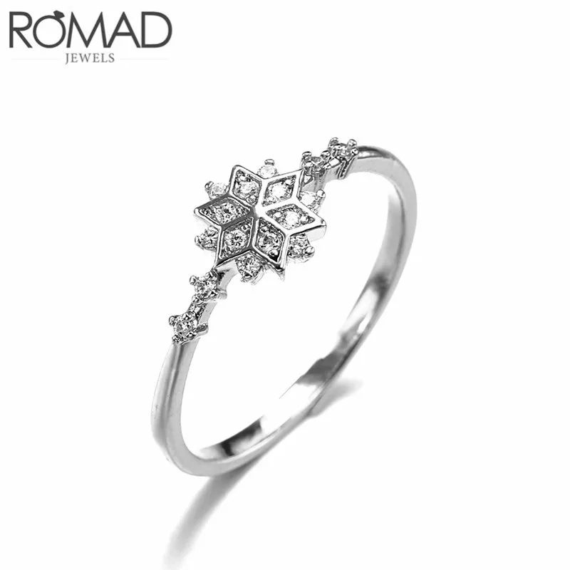 Silver ROMAD Новые Модные Простые Кристальные кольца со снежинками для женщин Свадебные ювелирные изделия Нежный золотистый цвет кольца на палец Подарки для пар - Цвет основного камня: Silver