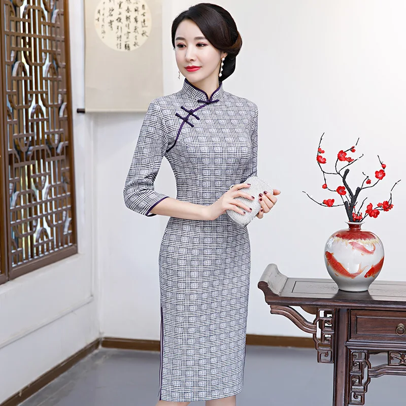 Весна стиль замша средней длины Cheongsam Улучшенная облегающая в клетку Чонсам в ретростиле женское платье
