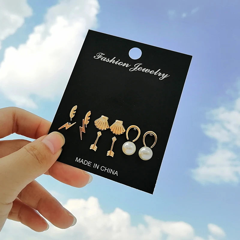 6 пар жемчужные серьги гвоздики в виде звезды Луны Листьев винтажные стразы