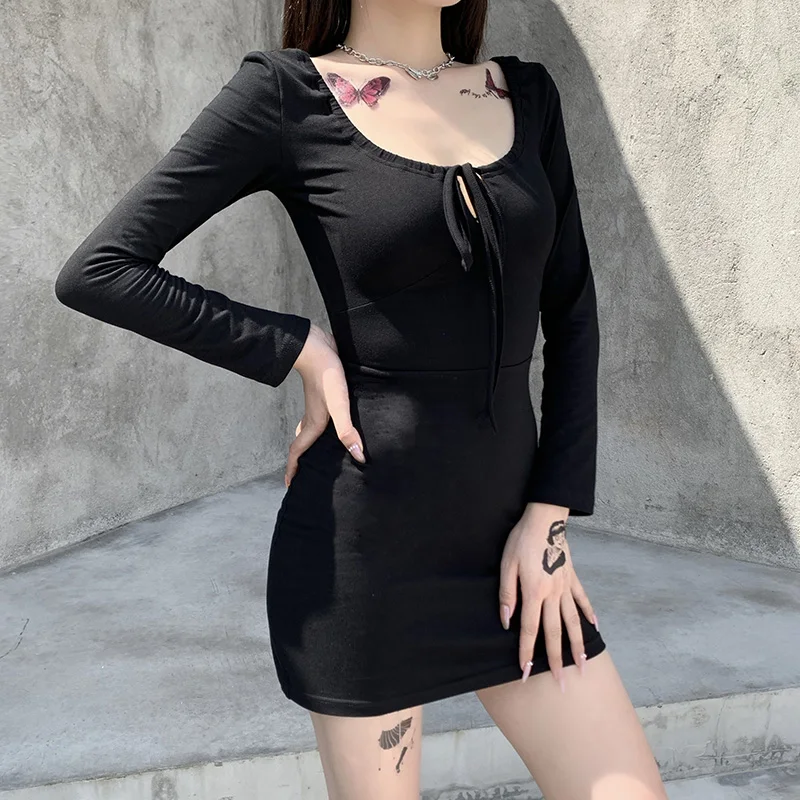 InsGoth Vintage Sexy Black Gothic Dress Women Autumn Long Sleeve Mini Dress Harajuku Skinny Hollow Out High Waist Bandage Dress