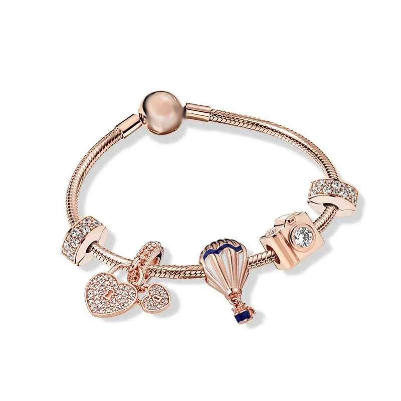 KAAOER 925 пробы серебро 11 pandoras рамка для камеры розовое золото воздушный шар красивый любовный момент ZT0394 браслет подарок - Цвет камня: Белый
