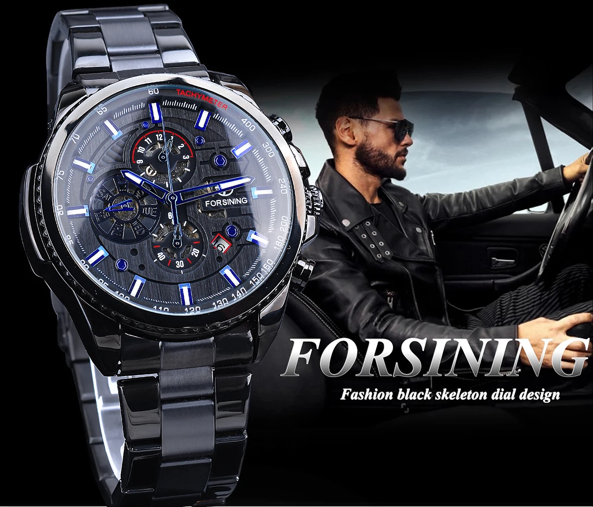 Forsining Orologio da polso meccanico impermeabile da uomo con 3 quadranti, stile sportivo, automatico, da uomo, per esterni, in acciaio, con calendario nero._voghion.com