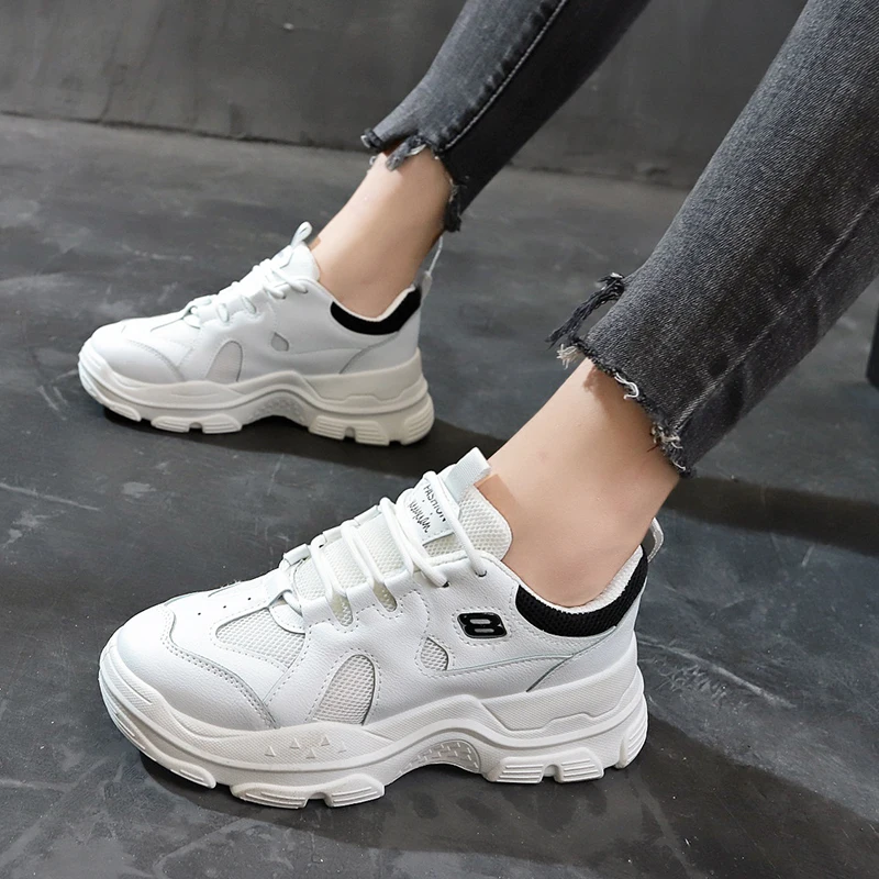 

Fashion White Chunky Sneakers Woman 2019 Ladies Casual Shoes Autumn Breathable Non-slip Platform Shoes Basket Femme