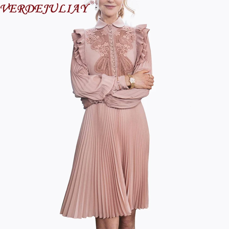 VERDEJULIAY, весна-осень, подиумное модное платье, женское, длинный рукав, оборки, Цветочная вышивка, плиссированное, розовое, миди, элегантное платье